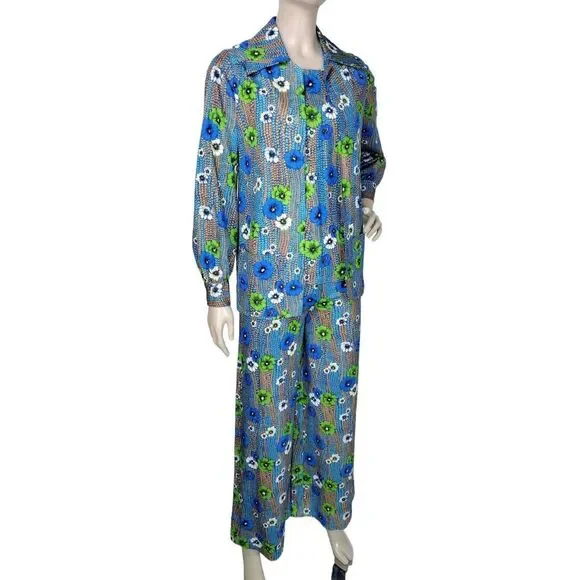 Vintage 60s Groovy Grannycore Floral Wide Leg Pant Top & Jacket 3 Piece Cord-Set